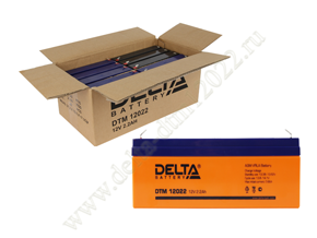 Открытая коробка и аккумулятор Delta DTM 12022 рядом